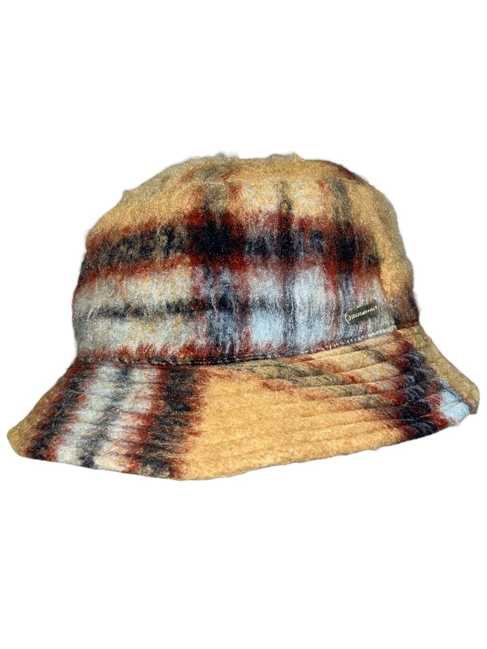 Steve Madden Logo Plate Brushed Bucket Hat Wool Blend Fuzzy Plaid